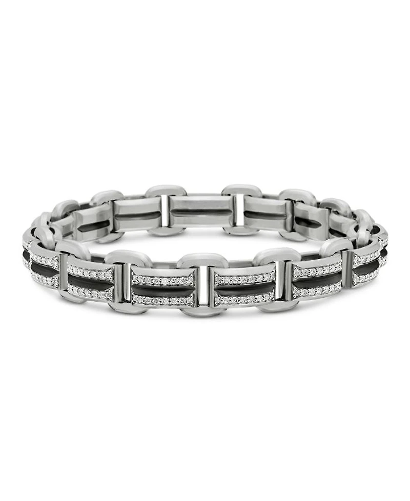 Men's Sterling Silver Deco Diamond Pavé Beveled Link Bracelet