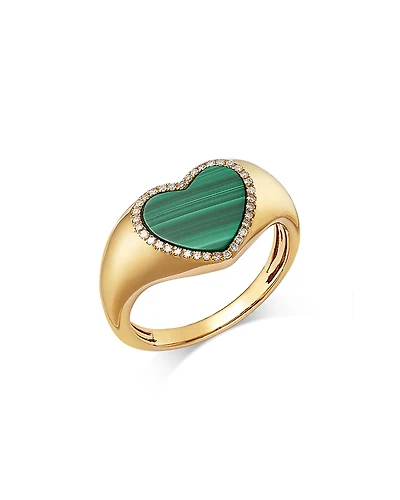 Bloomingdale's Fine Collection 14K Yellow Gold Malachite Heart Ring with Diamonds, 0.10 tcw