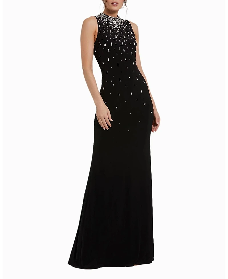 Mac Duggal High Neck Sleeveless Beaded Jersey Fitted Gown