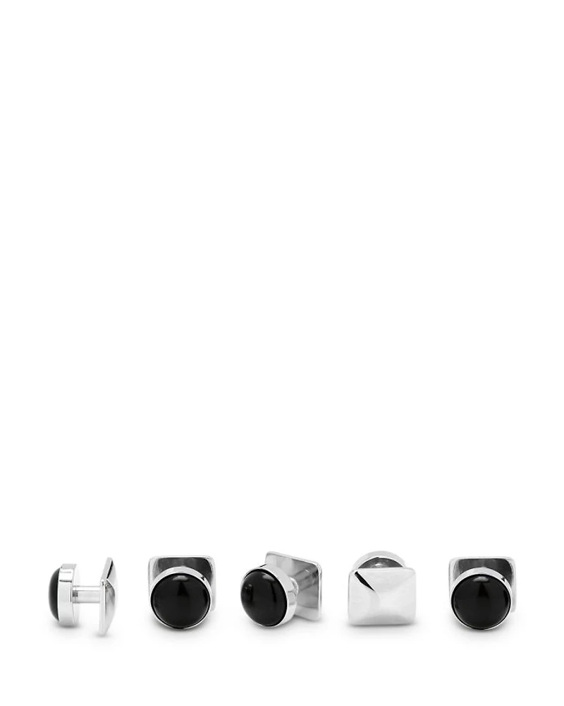 Onyx Inlay Silver Plated Round Stud & Cufflink Set