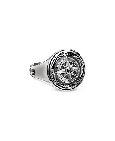 Men's Sterling Silver Maritime Compass Signet Ring with Black Diamond