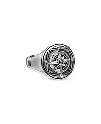 Men's Sterling Silver Maritime Compass Signet Ring with Black Diamond