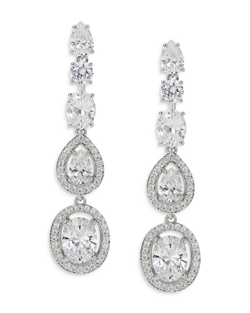 Radiant Cubic Zirconia Halo Linear Drop Earrings in Rhodium Plated
