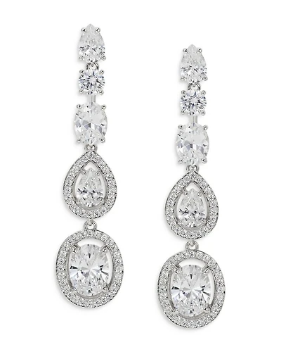 Radiant Cubic Zirconia Halo Linear Drop Earrings in Rhodium Plated