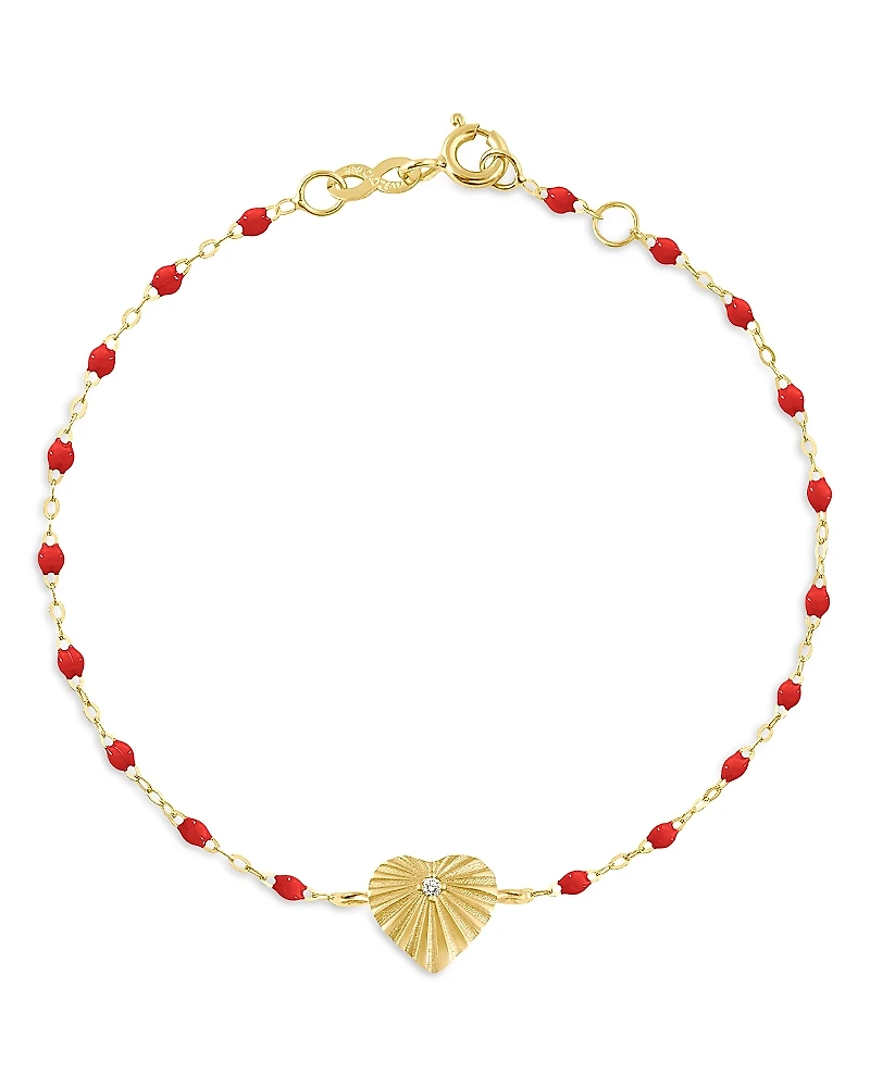 Gigi Clozeau 18K Yellow Gold Heart Lumiere Diamond & Red Bead Sunray Heart Charm Bracelet