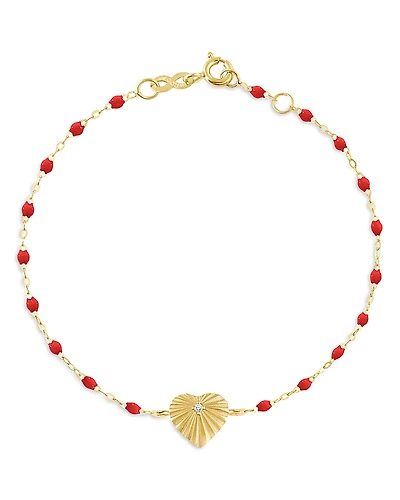 Gigi Clozeau 18K Yellow Gold Heart Lumiere Diamond & Red Bead Sunray Heart Charm Bracelet