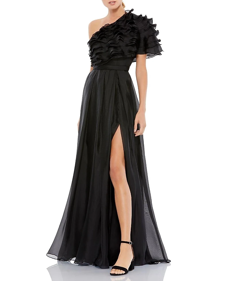 Mac Duggal Ruffle Layered One Shoulder Gown