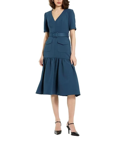 Belted Crepe Midi Dress With Pockets