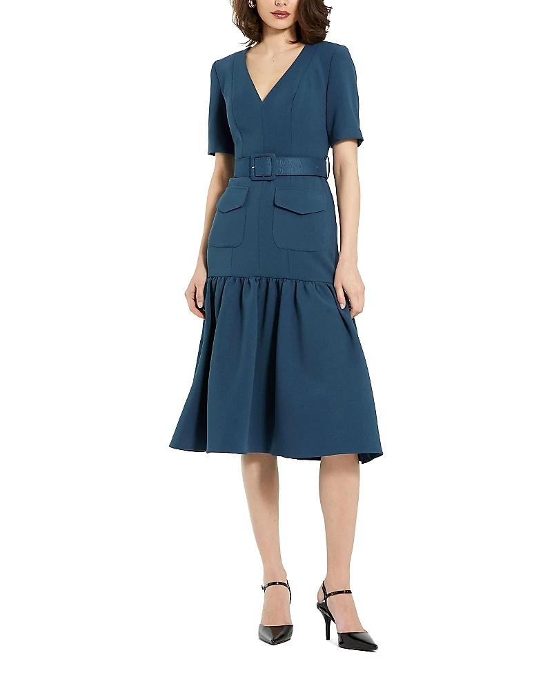 Mac Duggal Belted Crepe Midi Dress With Pockets