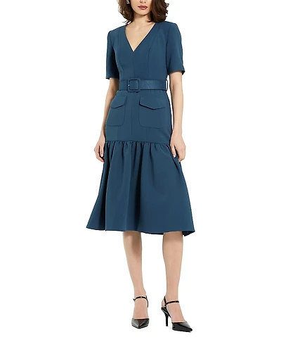Mac Duggal Belted Crepe Midi Dress With Pockets