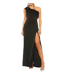 Mac Duggal One Shoulder Feather Trim Gown