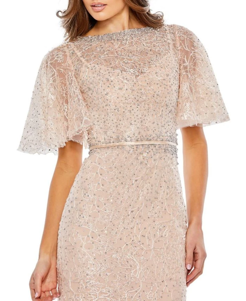 Embellished Neck Butterfly Sleeve Trumpet Gown