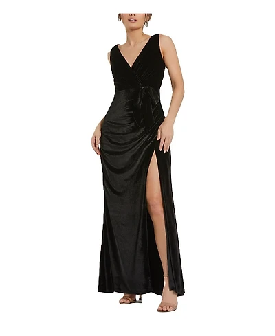 Mac Duggal Deep V High Slit Draped Velvet Fitted Gown
