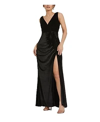 Mac Duggal Deep V High Slit Draped Velvet Fitted Gown