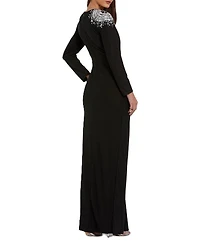 Jersey Long Sleeve Weap Gown With Beaded Shoulder