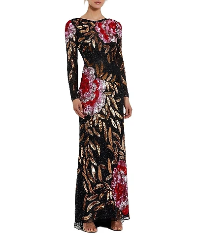 Mac Duggal Floral Patter Sequin Long Sleeve Dress