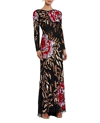 Mac Duggal Floral Patter Sequin Long Sleeve Dress