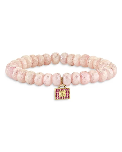 Sydney Evan Wicked x Sydney Evan 14K Yellow Gold Glinda Luggage Charm Pink Beaded Bracelet