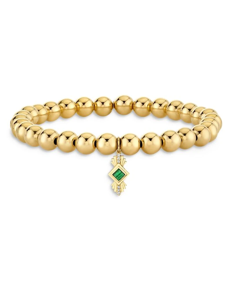 Wicked x Sydney Evan 14K Yellow Gold Diamond & Malachite Art Deco Charm Stretch Bracelet