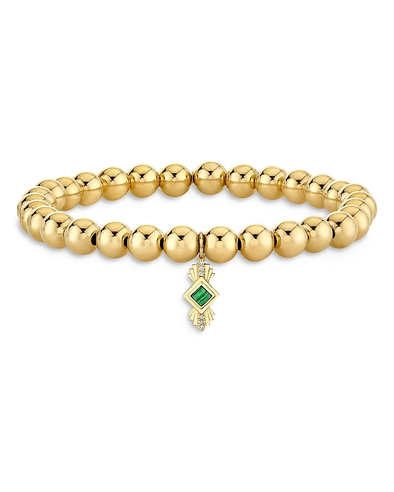 Sydney Evan Wicked x Sydney Evan 14K Yellow Gold Diamond & Malachite Art Deco Charm Stretch Bracelet