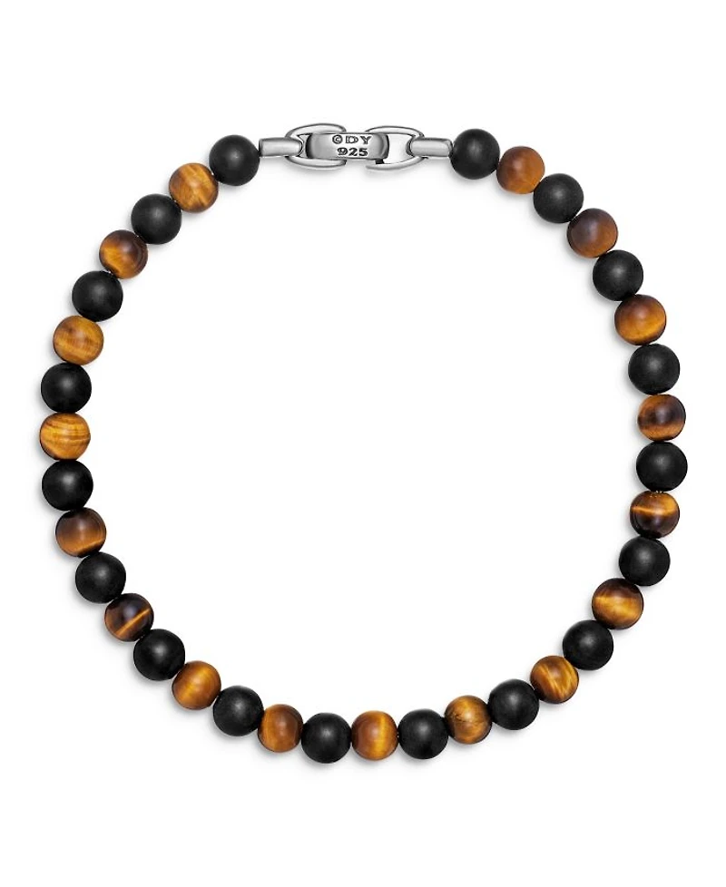 Men's Spiritual Beads Alternating Bracelet in Sterling Silver with Black Onyx and Tigers Eye, 6mm