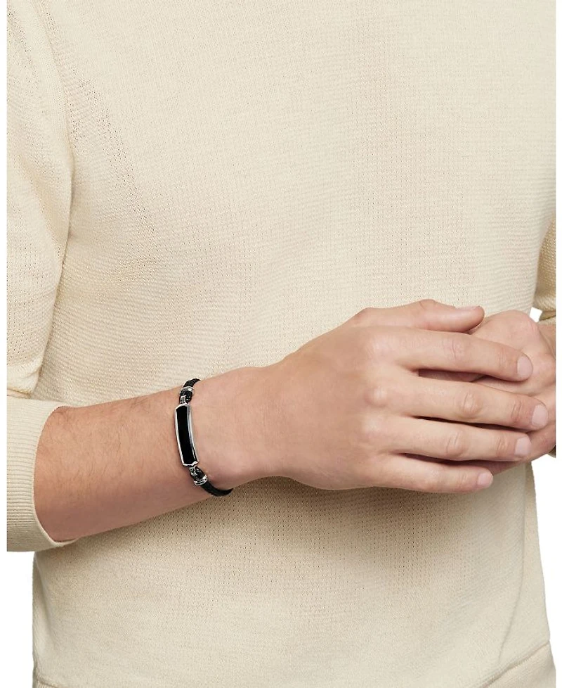 Men's Exotic Stone Station Black Leather Bracelet with Onyx