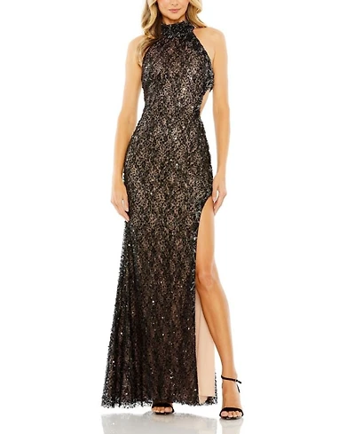Side Cut Out High Slit Sequin Detail Neck Gown
