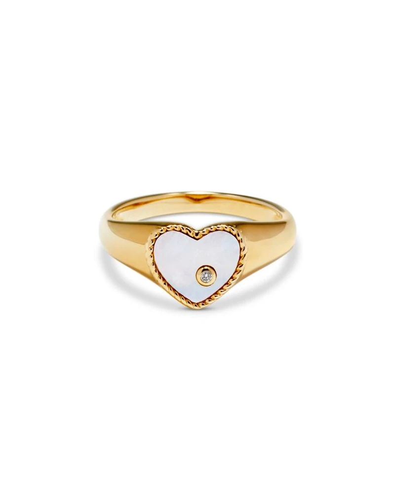 9K Yellow Gold Diamond & Mother of Pearl Heart Signet Ring