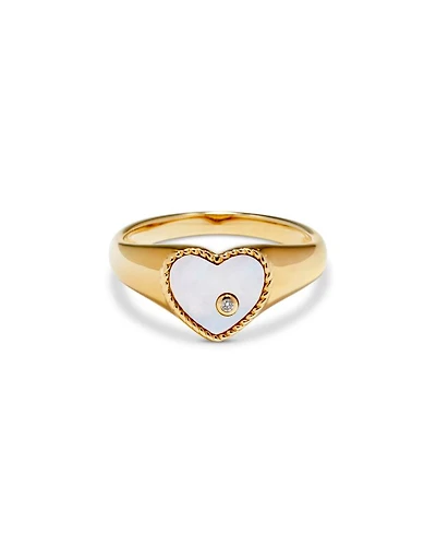 9K Yellow Gold Diamond & Mother of Pearl Heart Signet Ring