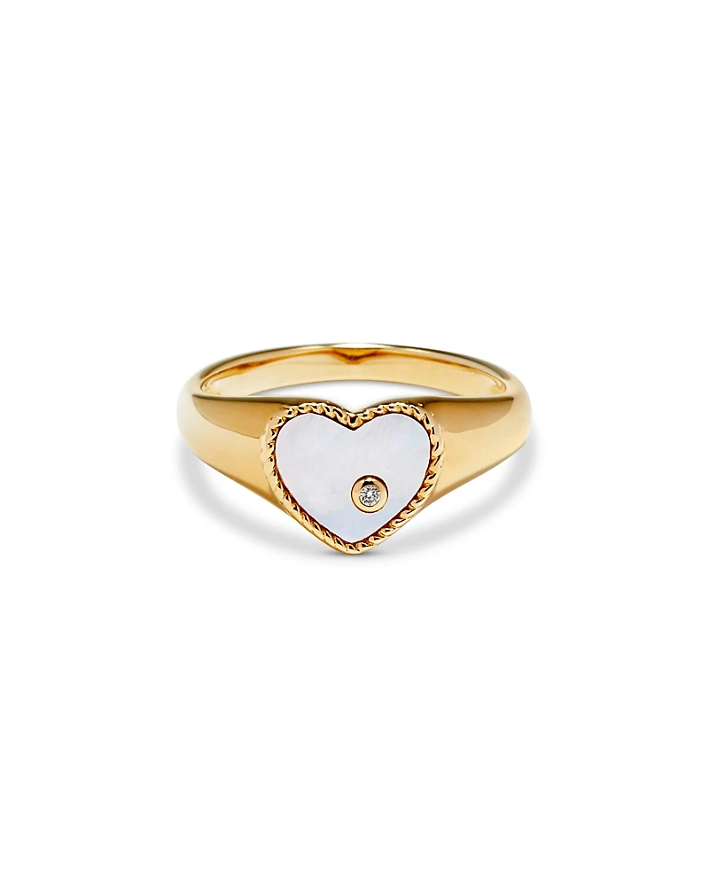 Yvonne Leon 9K Yellow Gold Diamond & Mother of Pearl Heart Signet Ring