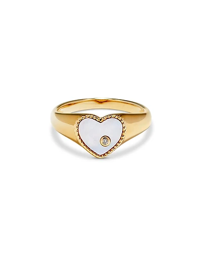 Yvonne Leon 9K Yellow Gold Diamond & Mother of Pearl Heart Signet Ring