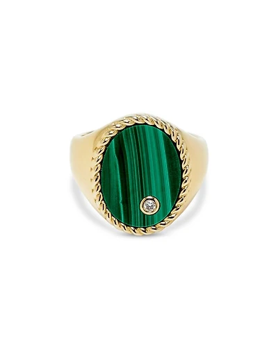 9K Yellow Gold Diamond & Malachite Oval Signet Ring