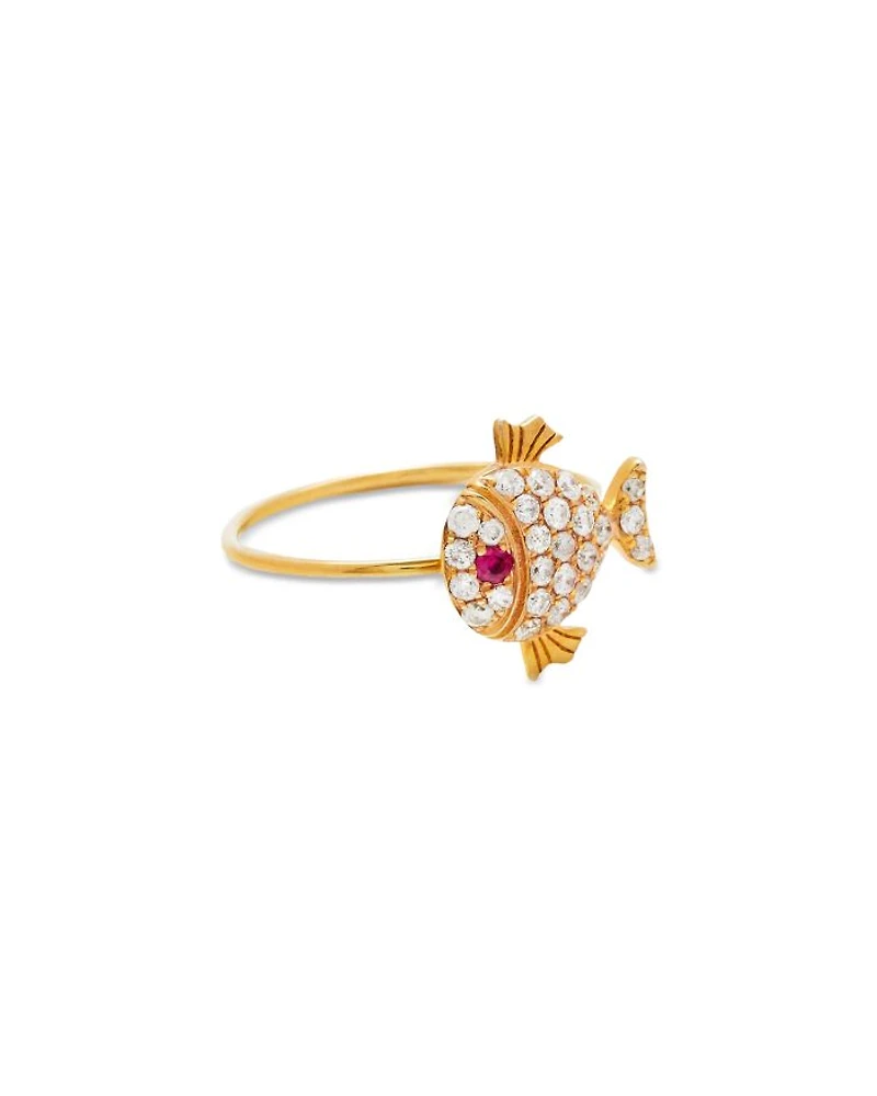 18K Yellow Gold Grey Diamond & Ruby Little Fish Ring