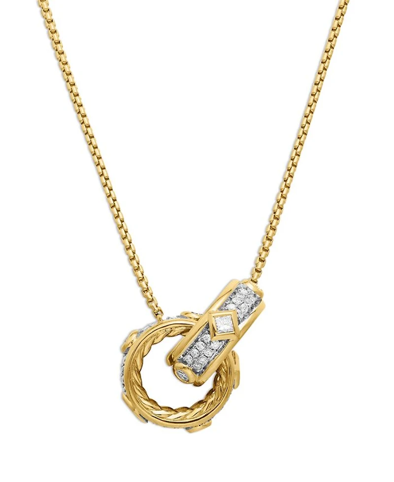 18K Yellow Gold Modern Renaissance Diamond Interlocking Ring Pendant Necklace, 17"