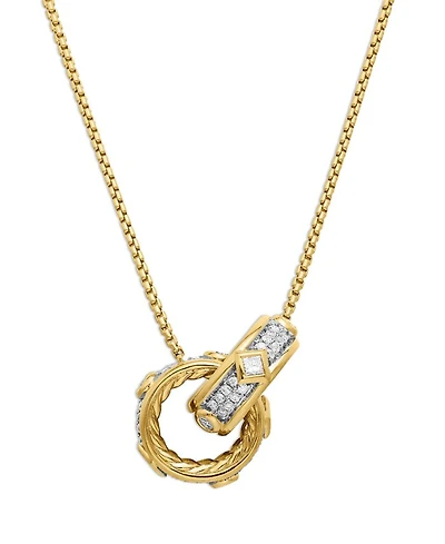 18K Yellow Gold Modern Renaissance Diamond Interlocking Ring Pendant Necklace, 17"