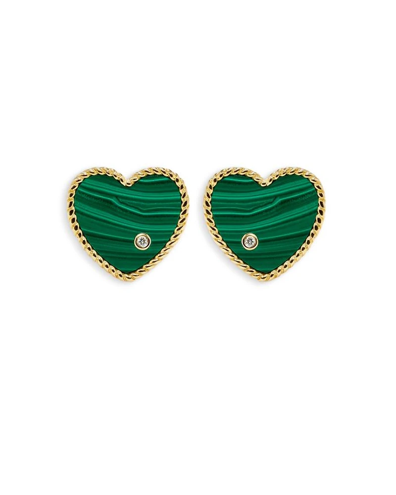 9K Yellow Gold Paire de Baby Puces Coeur Malachite & Diamond Heart Stud Earrings
