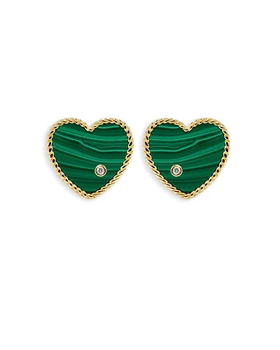 9K Yellow Gold Paire de Baby Puces Coeur Malachite & Diamond Heart Stud Earrings
