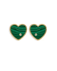 9K Yellow Gold Paire de Baby Puces Coeur Malachite & Diamond Heart Stud Earrings