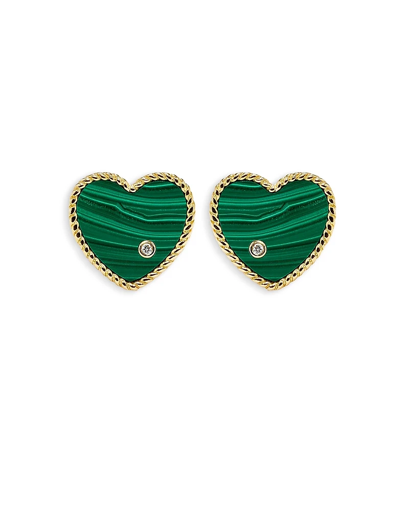 Yvonne Leon 9K Yellow Gold Paire de Baby Puces Coeur Malachite & Diamond Heart Stud Earrings