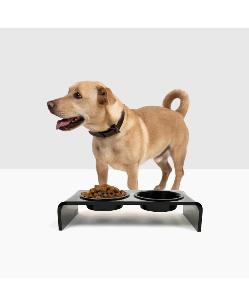 Small Smoke Grey Double Bowl Pet Feeder, 1 Pint Bowls