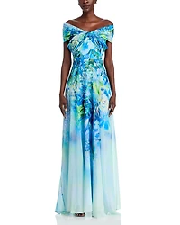 Chiffon Criss Cross Off-the-Shoulder Leaf Print Gown
