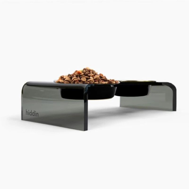 Small Smoke Grey Double Bowl Pet Feeder, 1 Pint Bowls