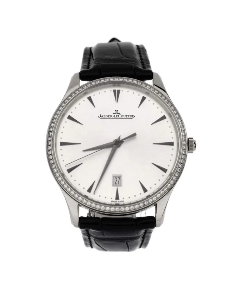 Master Ultra Thin Date Automatic Watch in White Gold and Alligator with Diamond Bezel 40mm