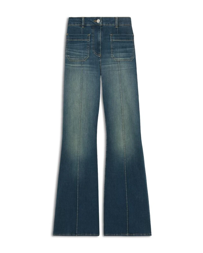 Sakura Patch Pocket High Rise Flare Jeans Mid Blue