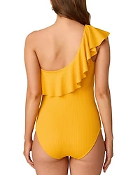 One Shoulder Ruffle Ribbed Piece Swimsuit