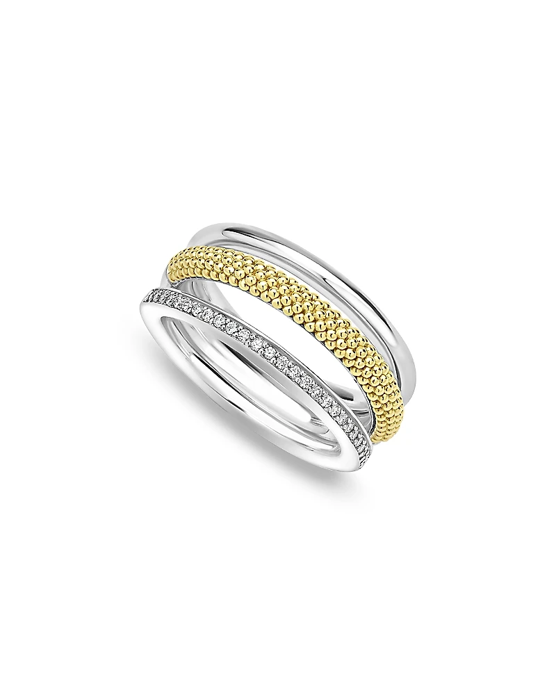 Lagos Two Tone Caviar Lux Three Row Diamond Ring, 0.135 tcw