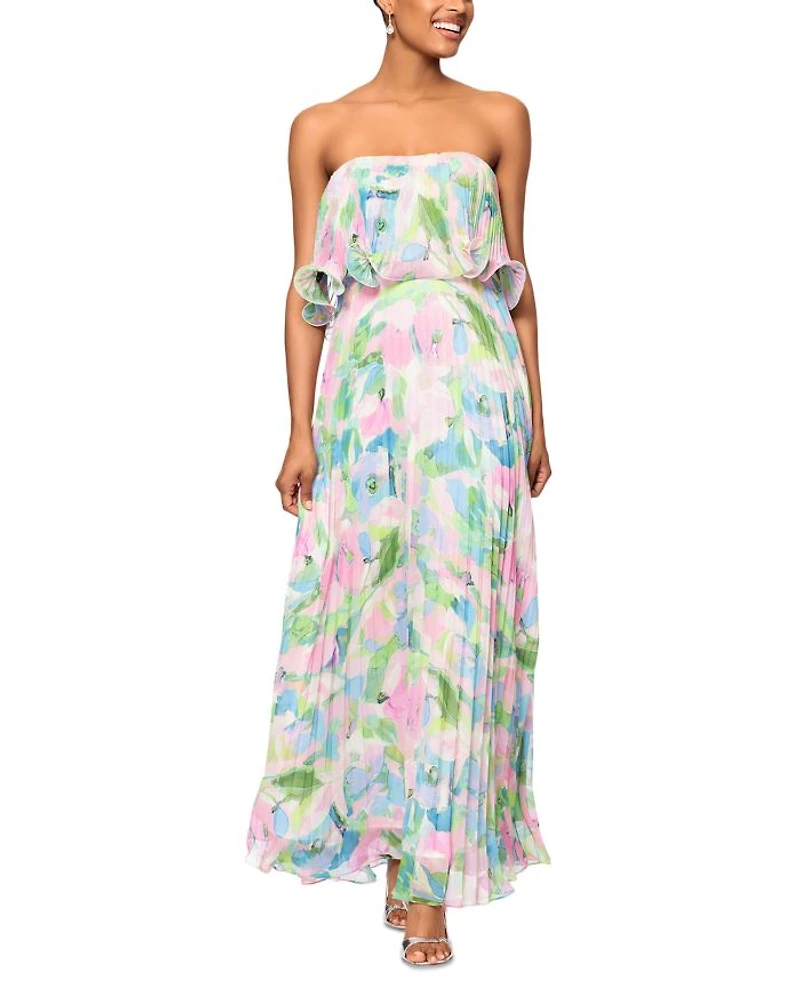 Printed Pleated Strapless Dress - Exclusive