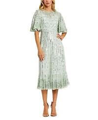 Sequined Flounce Sleeve Midi Dress