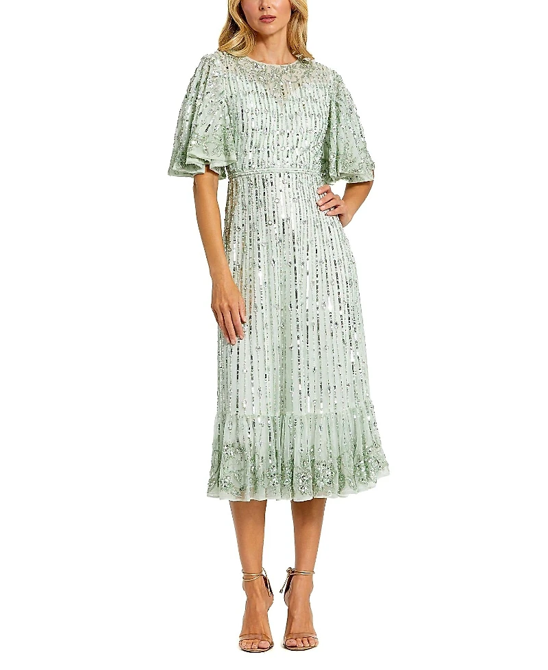 Mac Duggal Sequined Flounce Sleeve Midi Dress