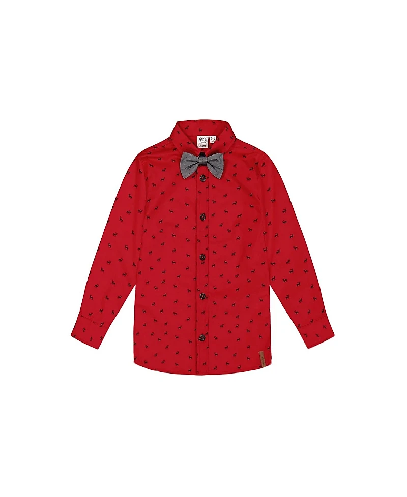 Deux par Deux Printed Reindeer Poplin Shirt with Bow Tie - Baby